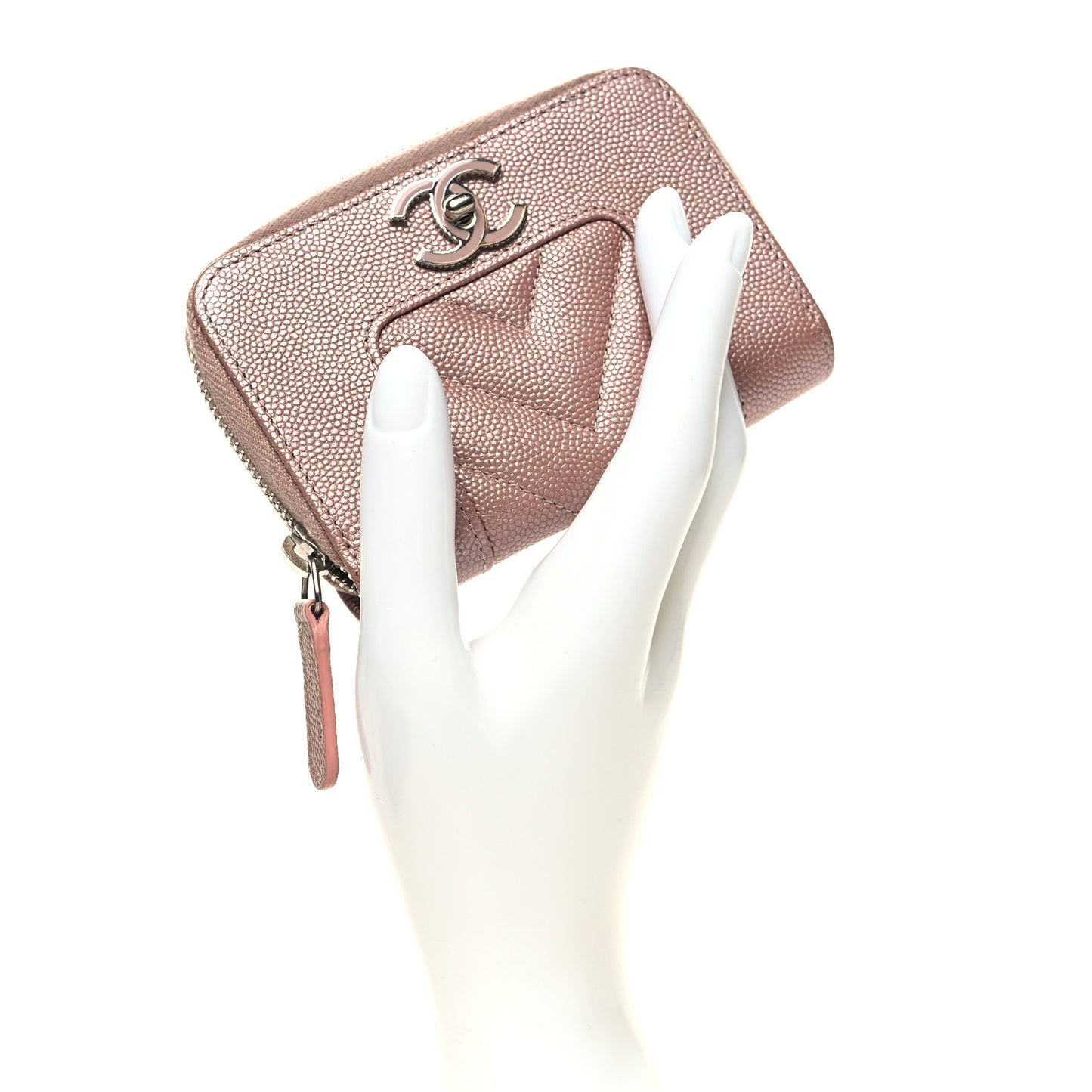 Metallic Caviar Chevron Quilted Vintage Mademoiselle Zip Coin Purse Pink