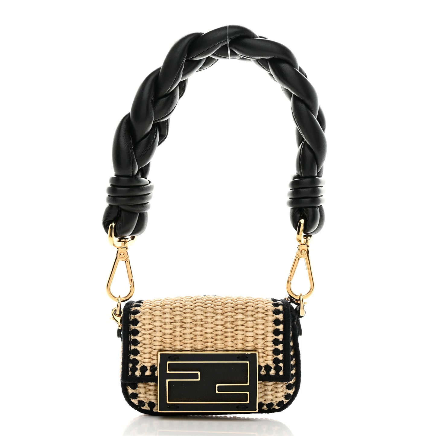 Straw Shiny Nappa Woven Nano Baguette Maxi Handle Charm Natural Black