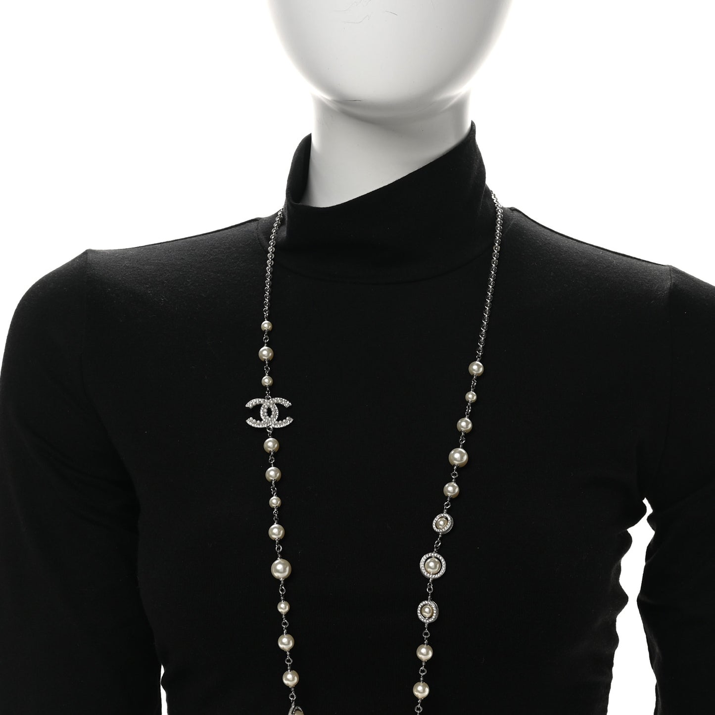 Graduated Pearl Crystal CC Long Necklace Silver