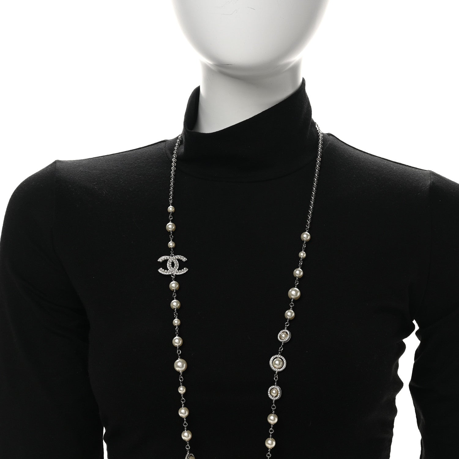 Chanel Graduated Pearl Crystal CC Long Necklace Silver 3 of 12