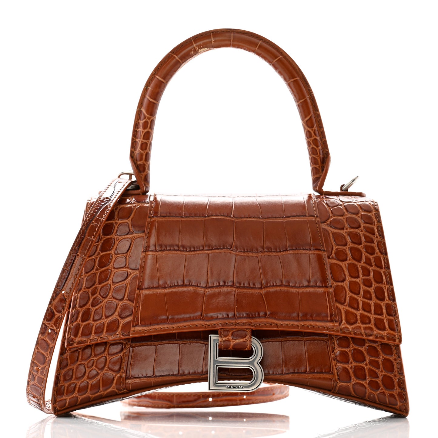 Shiny Calfskin Crocodile Embossed Small Hourglass Top Handle Bag Camel