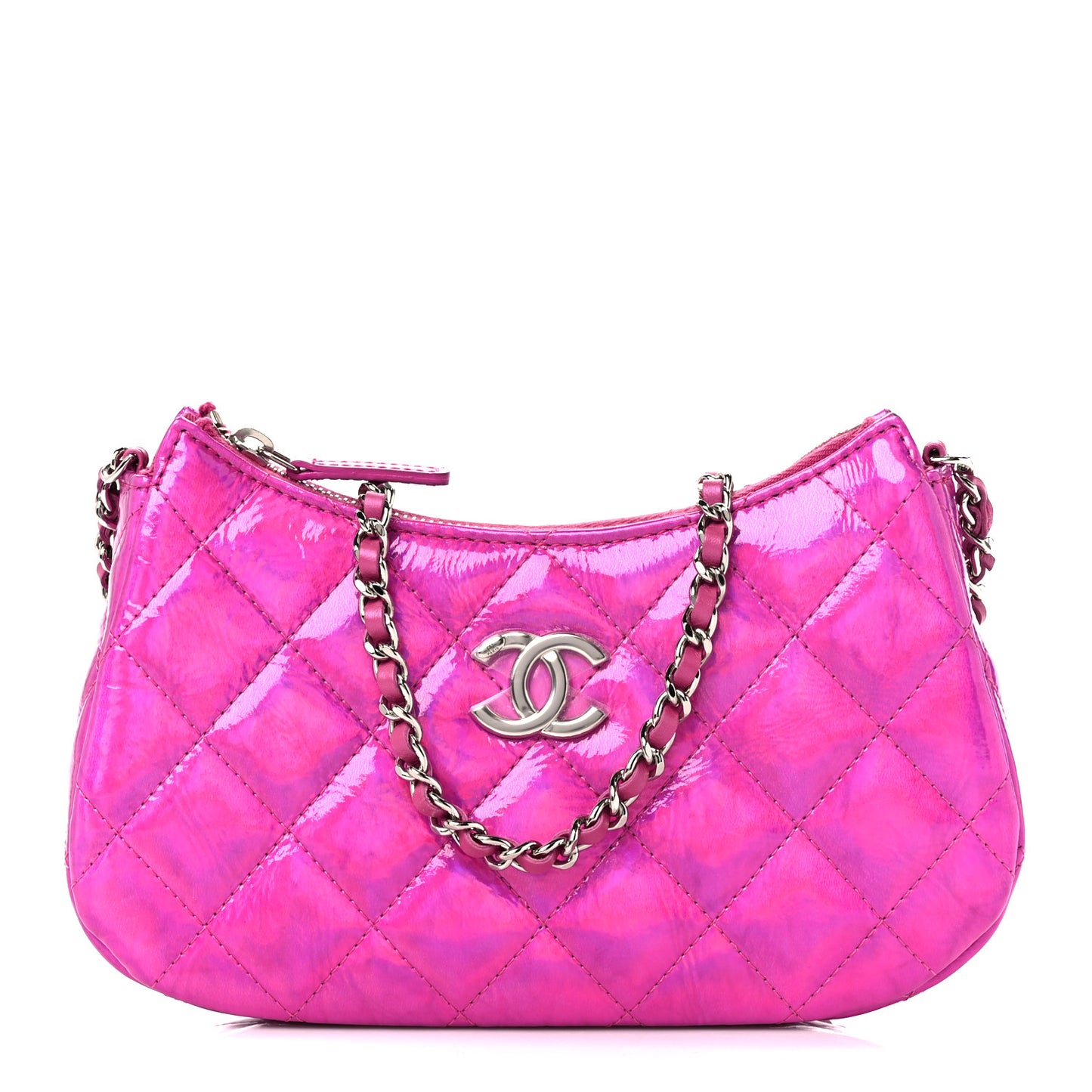 Iridescent Mirror Goatskin Clutch With Chain Pink