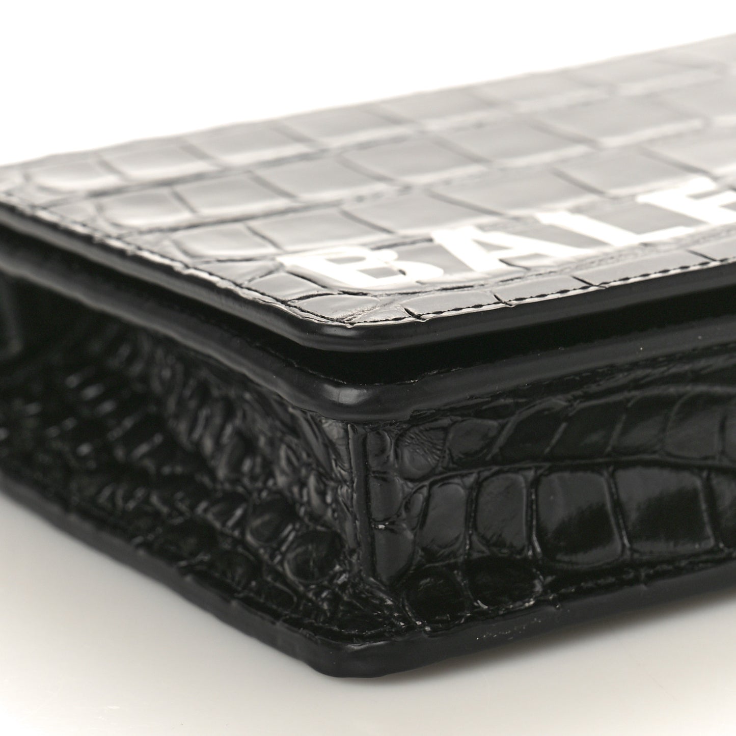 Shiny Calfskin Logo Crocodile Embossed Ville Wallet on Chain Black