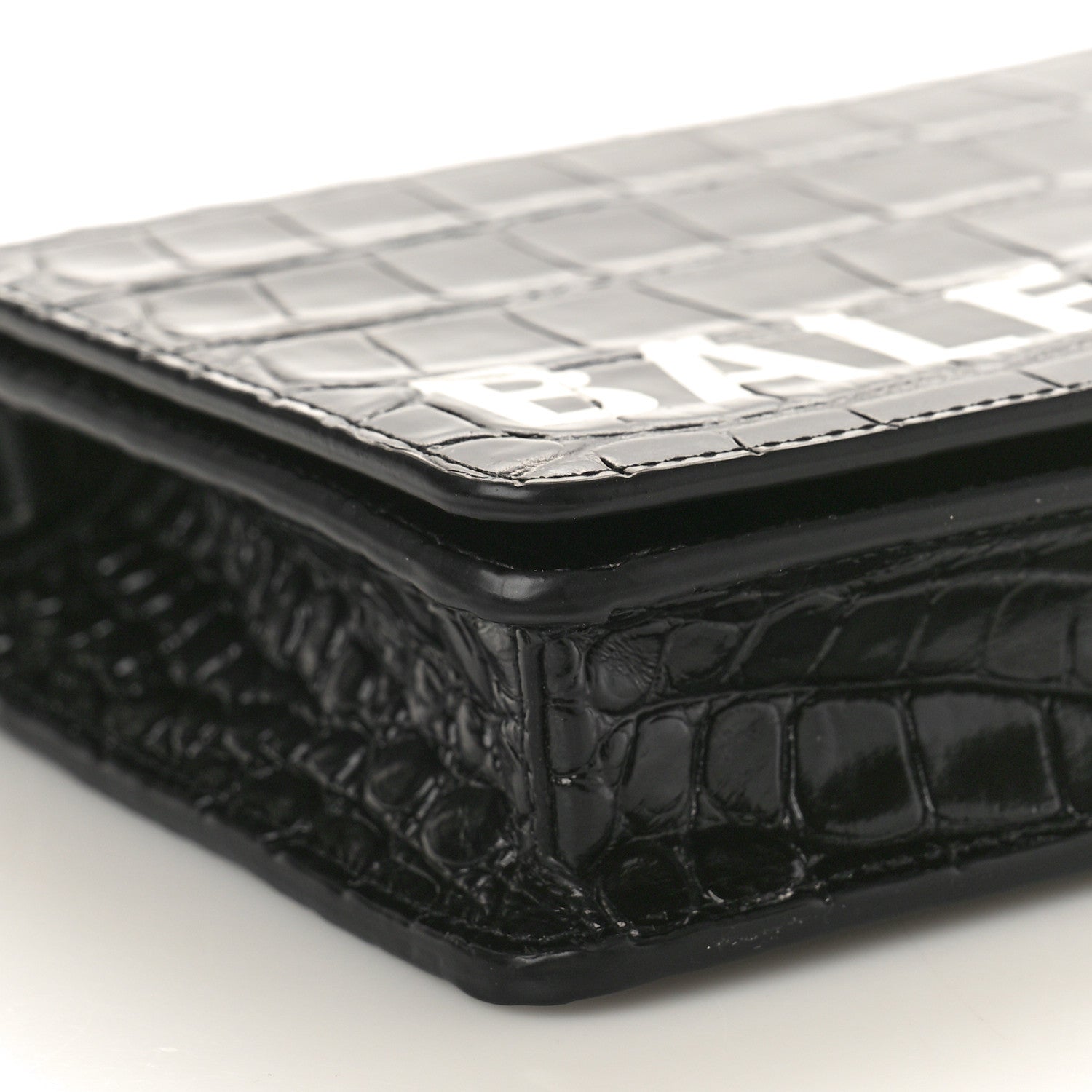 Balenciaga Shiny Calfskin Logo Crocodile Embossed Ville Wallet on Chain Black 9 of 13