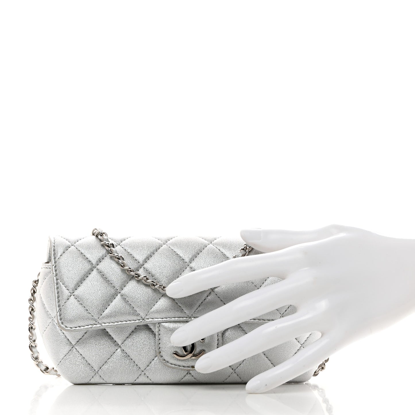 Metallic Lambskin Quilted Glasses Case With Chain Silver