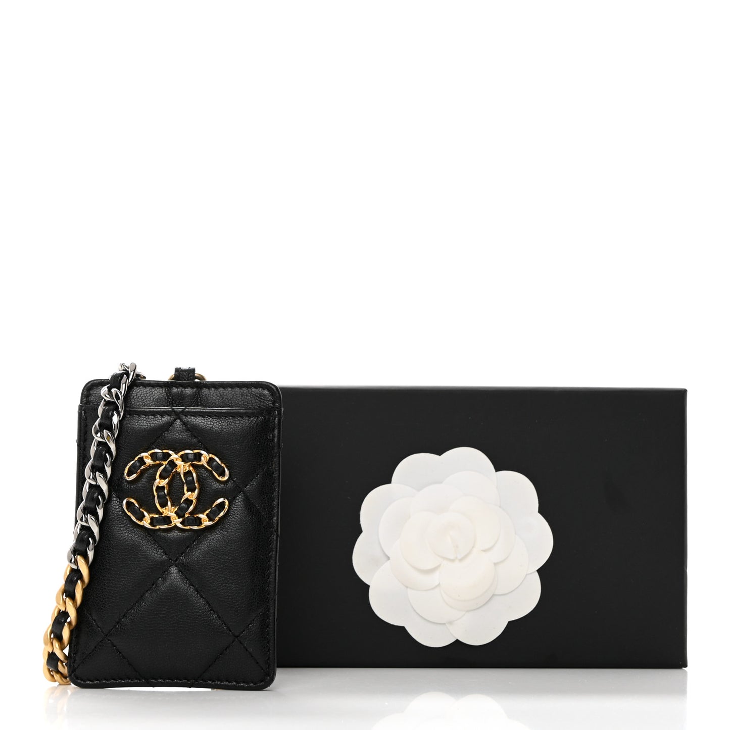 Shiny Goatskin Quilted Chanel 19 Card Holder On Chain Black