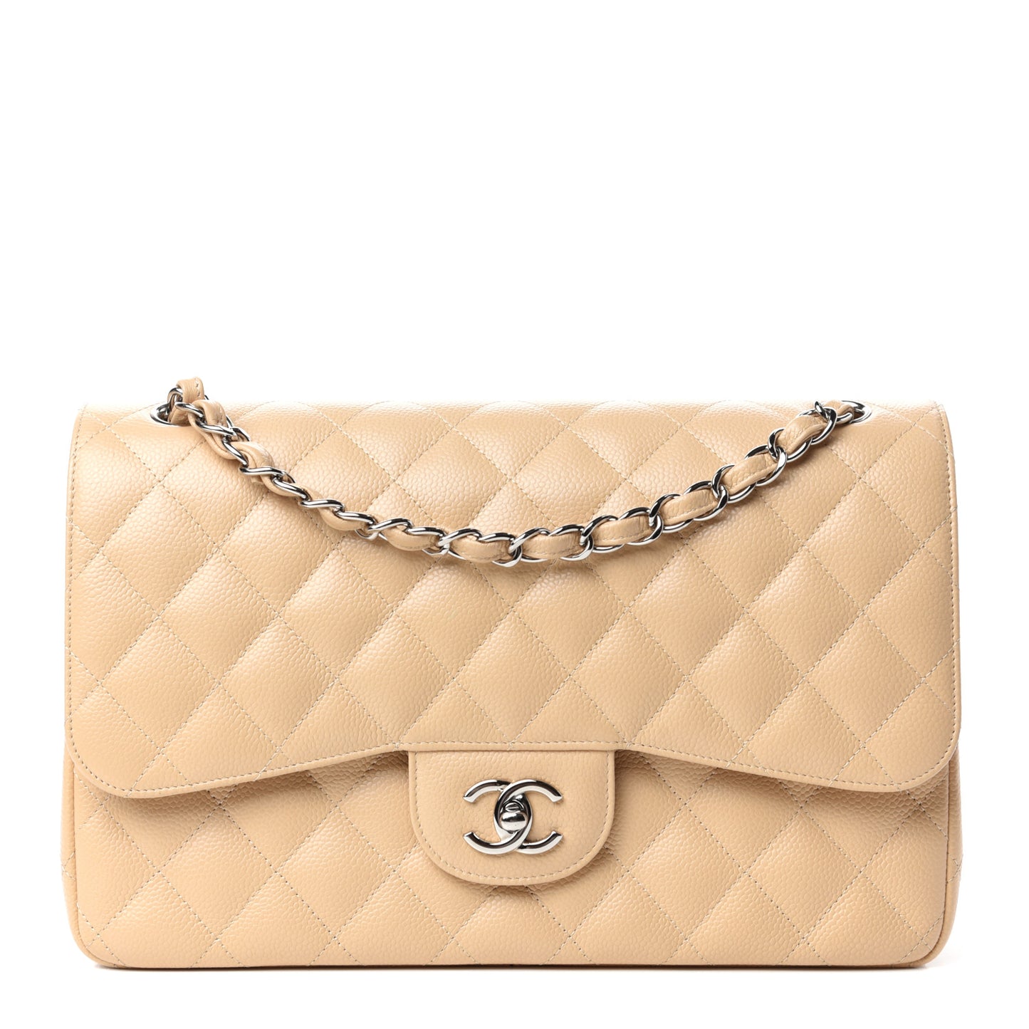 Caviar Quilted Jumbo Double Flap Beige