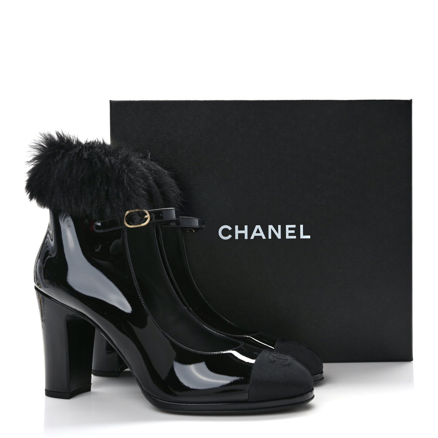 Patent Shearling Lambskin Cap Toe Mary Jane Pumps 41 Black