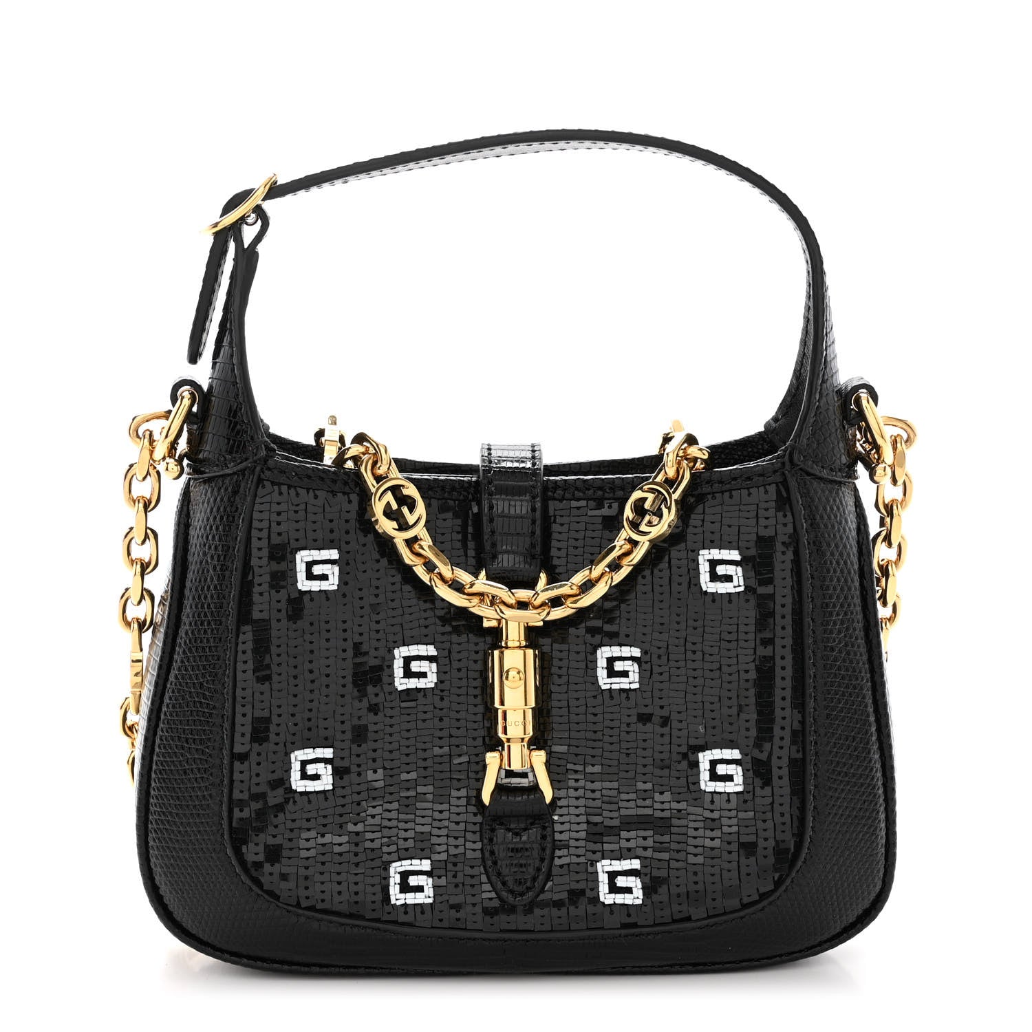 Gucci Lizard Sequin GG Monogram Mini Jackie 1961 Hobo Black White 1 of 12