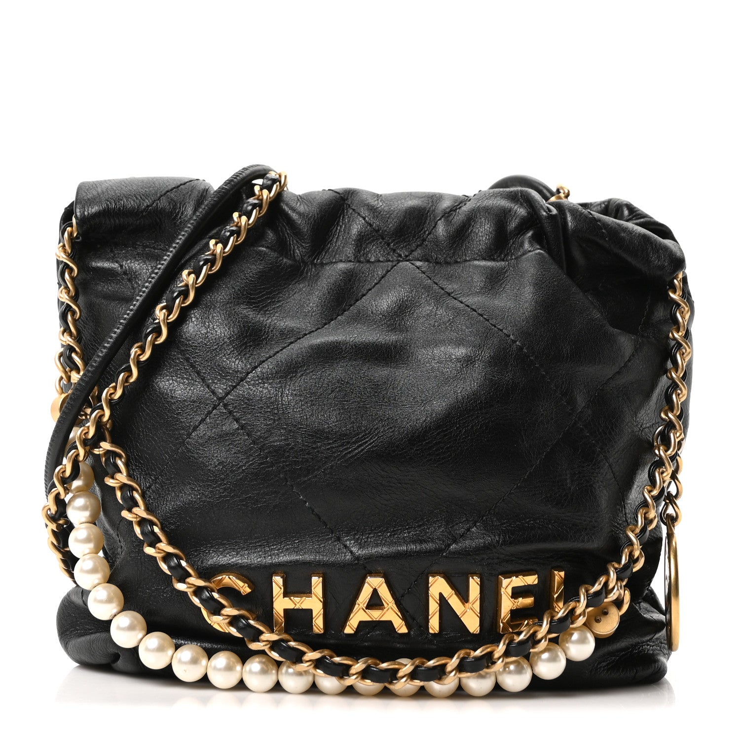 Chanel Shiny Crumpled Calfskin Quilted Pearl Mini Chanel 22 Black