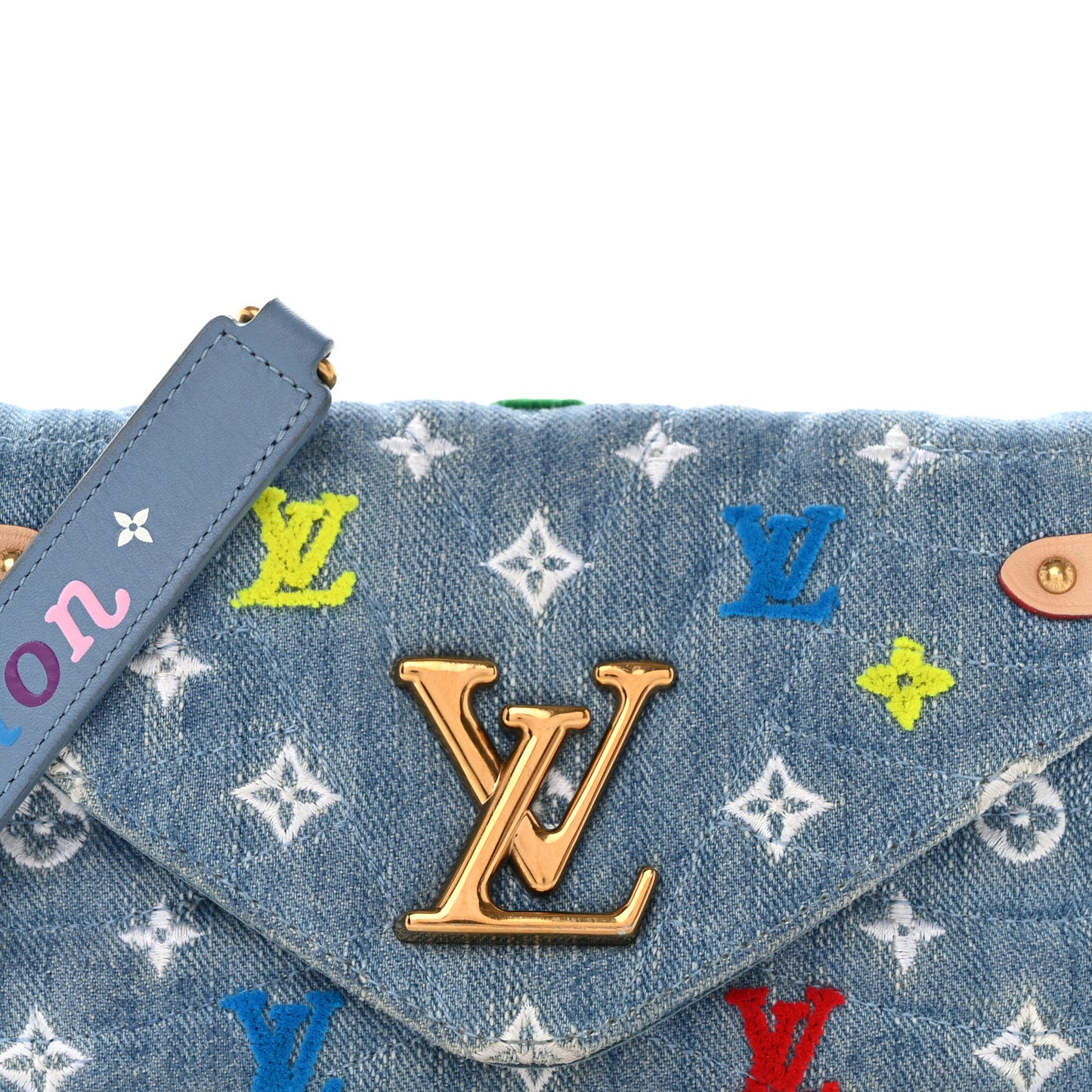 Embroidered Monogram Denim New Wave Chain Pochette Blue