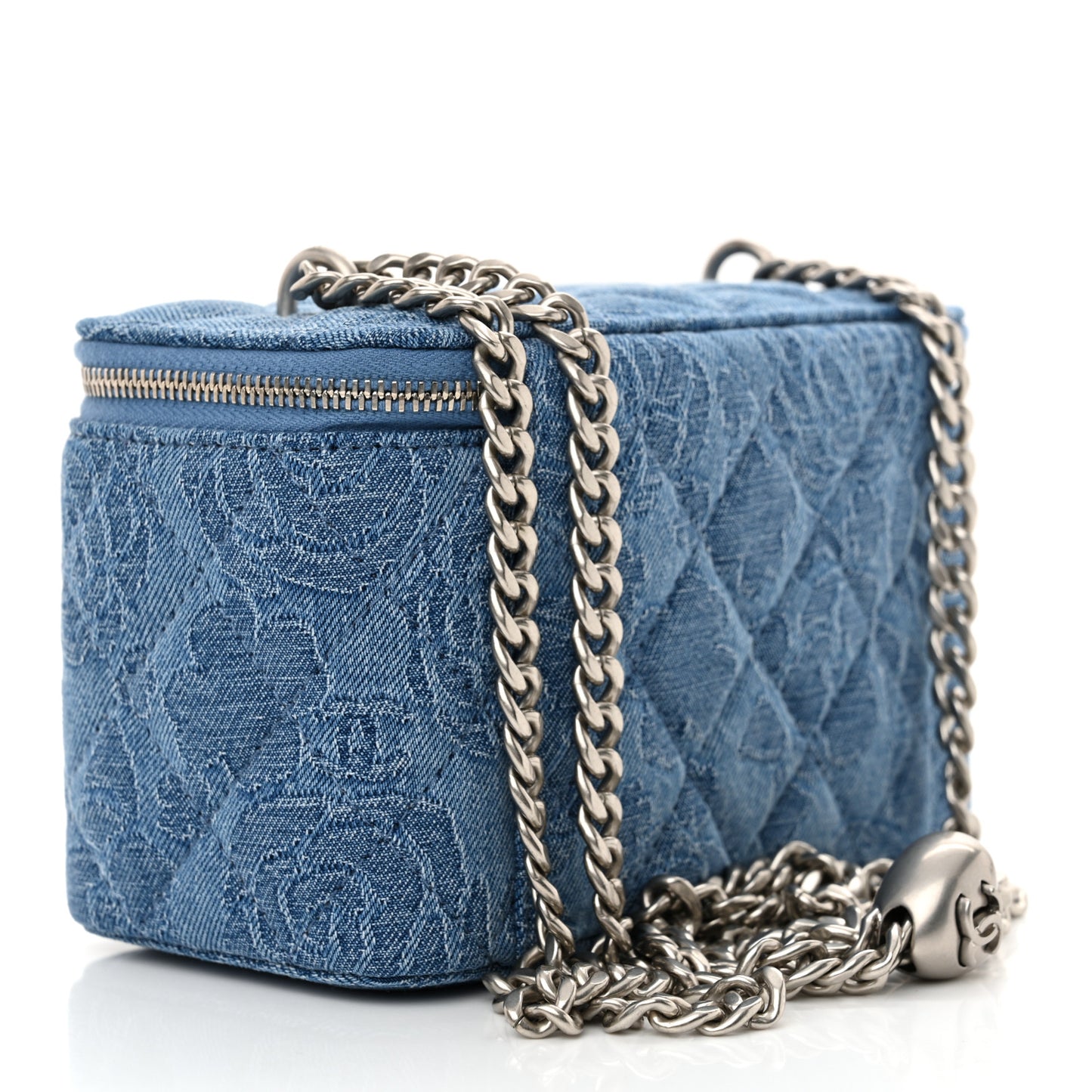 Denim Quilted Sweetheart Small Vanity Case With Chain Blue