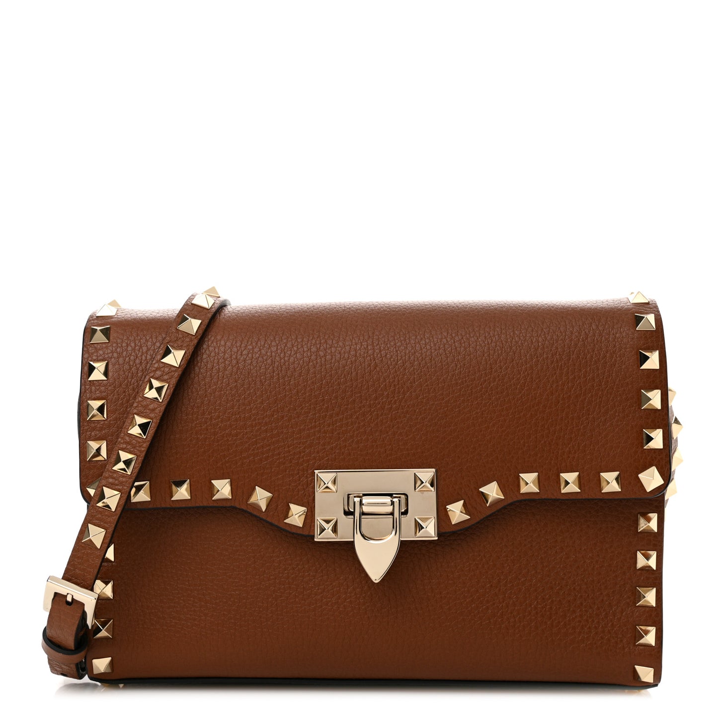 Pebbled Calfskin Medium Rockstud Flip Lock Crossbody Bag Saddle Brown