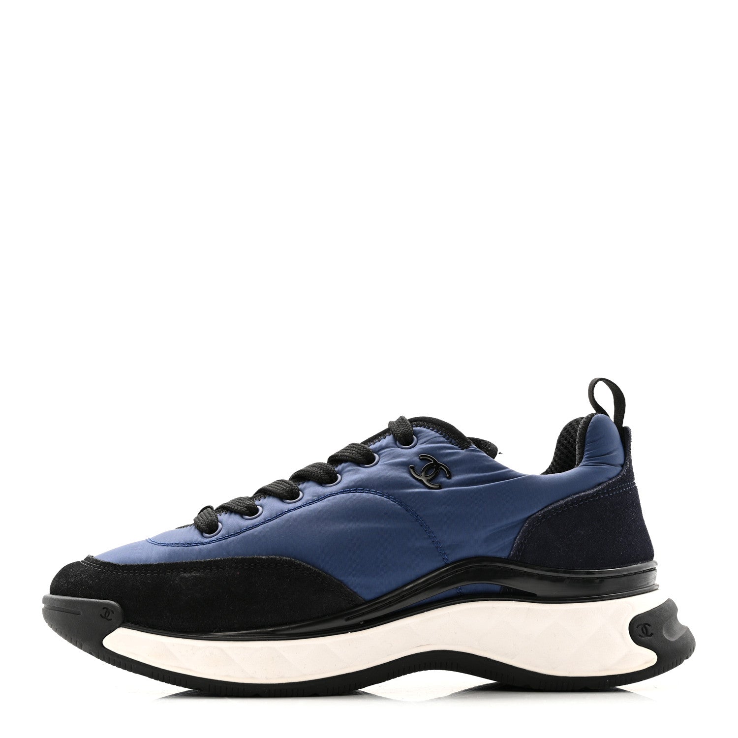 Chanel Nylon Suede Calfskin Womens Logo Sneakers 41 Dark Navy Blue