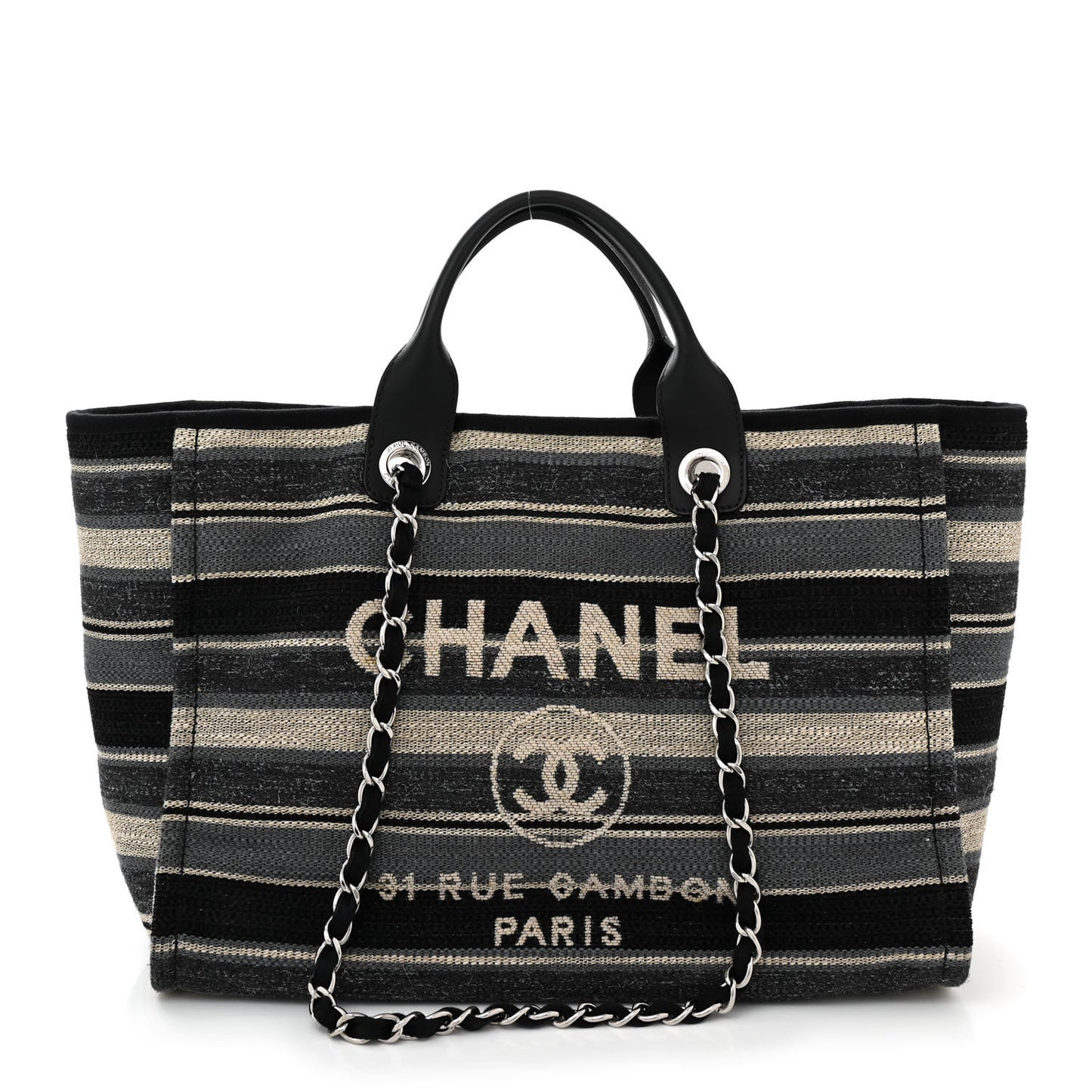 Striped Canvas Medium Deauville Tote Black