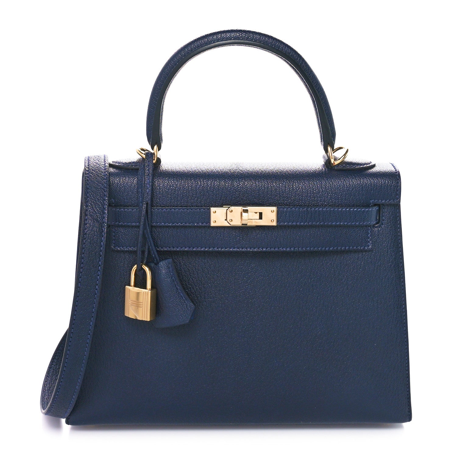 Hermes Chevre Mysore Horseshoe Kelly Sellier 25 Bleu Marine Bleu