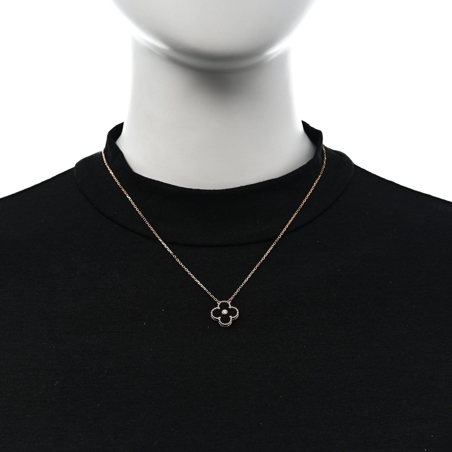 18K Rose Gold Diamond Black Onyx Vintage Alhambra Pendant Necklace