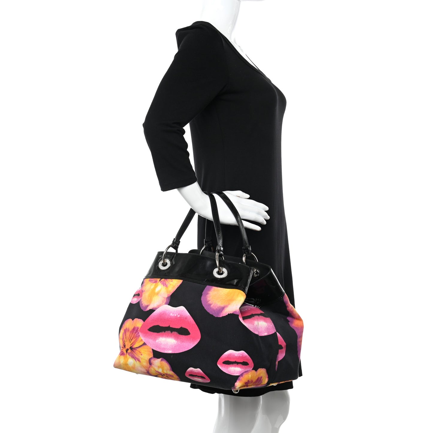 Patent Crystal Embellished Canvas Lips Print Tote Black Multicolor