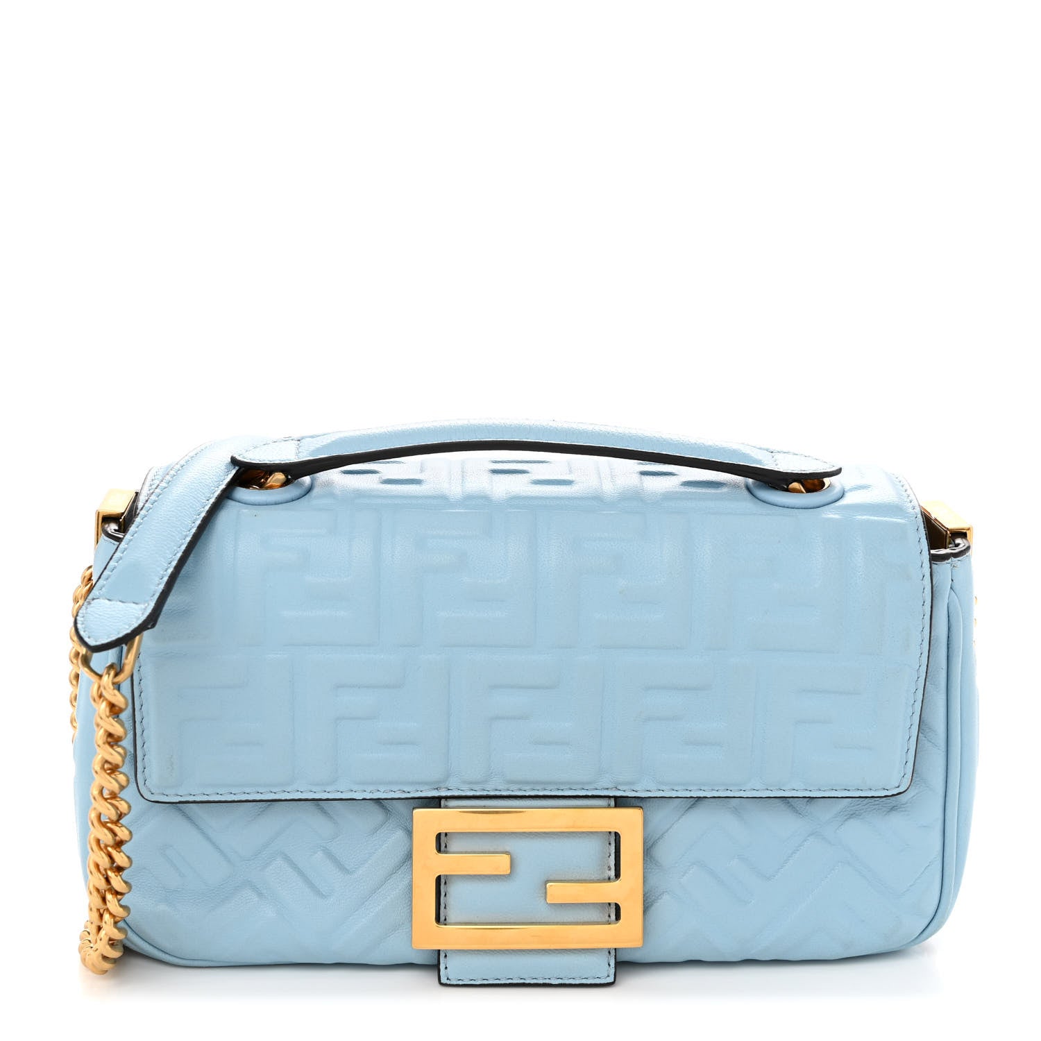 Fendi Nappa Small FF Embossed Midi Chain Baguette Azzurro Baby