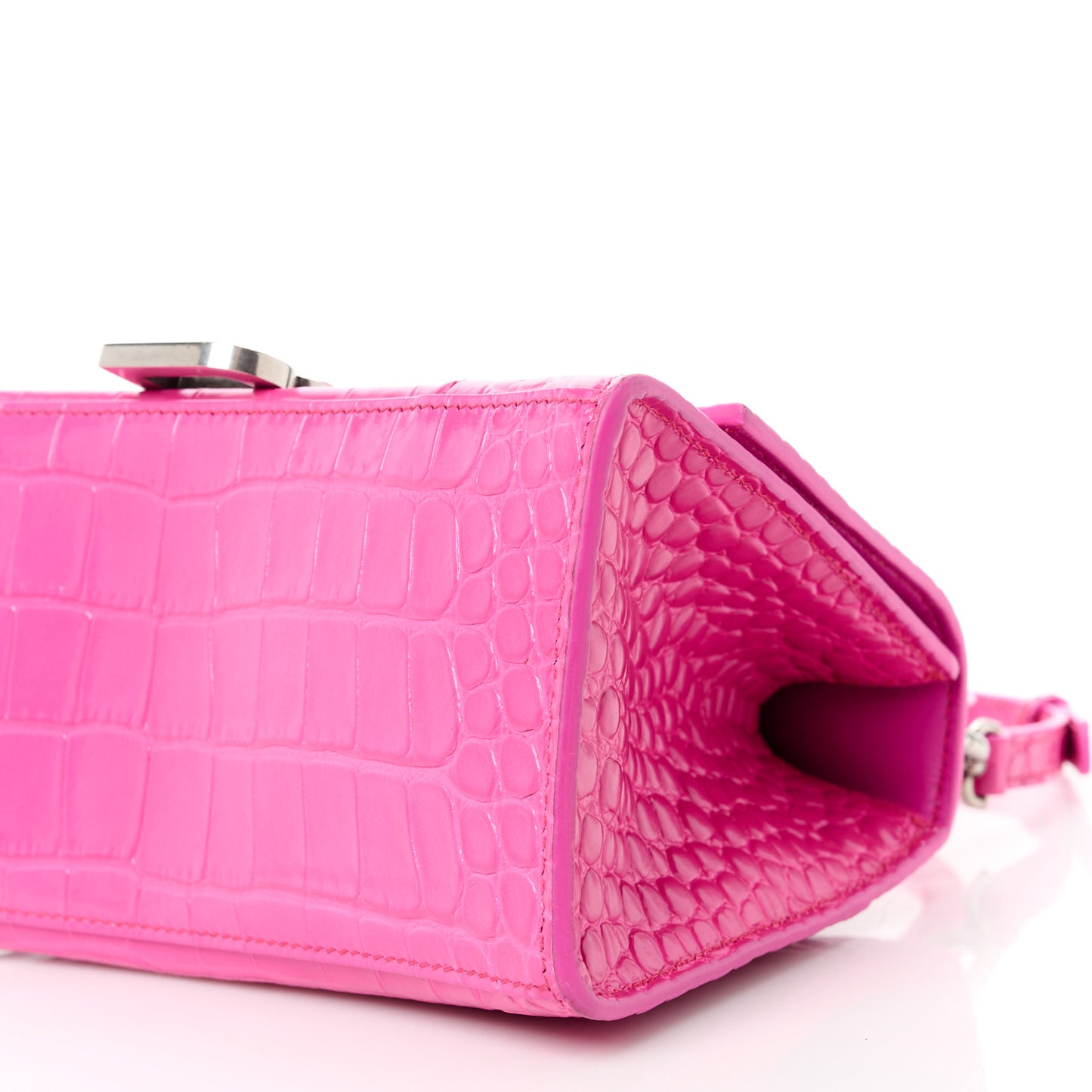 Shiny Calfskin Crocodile Embossed Small Hourglass Top Handle Bag Fuchsia