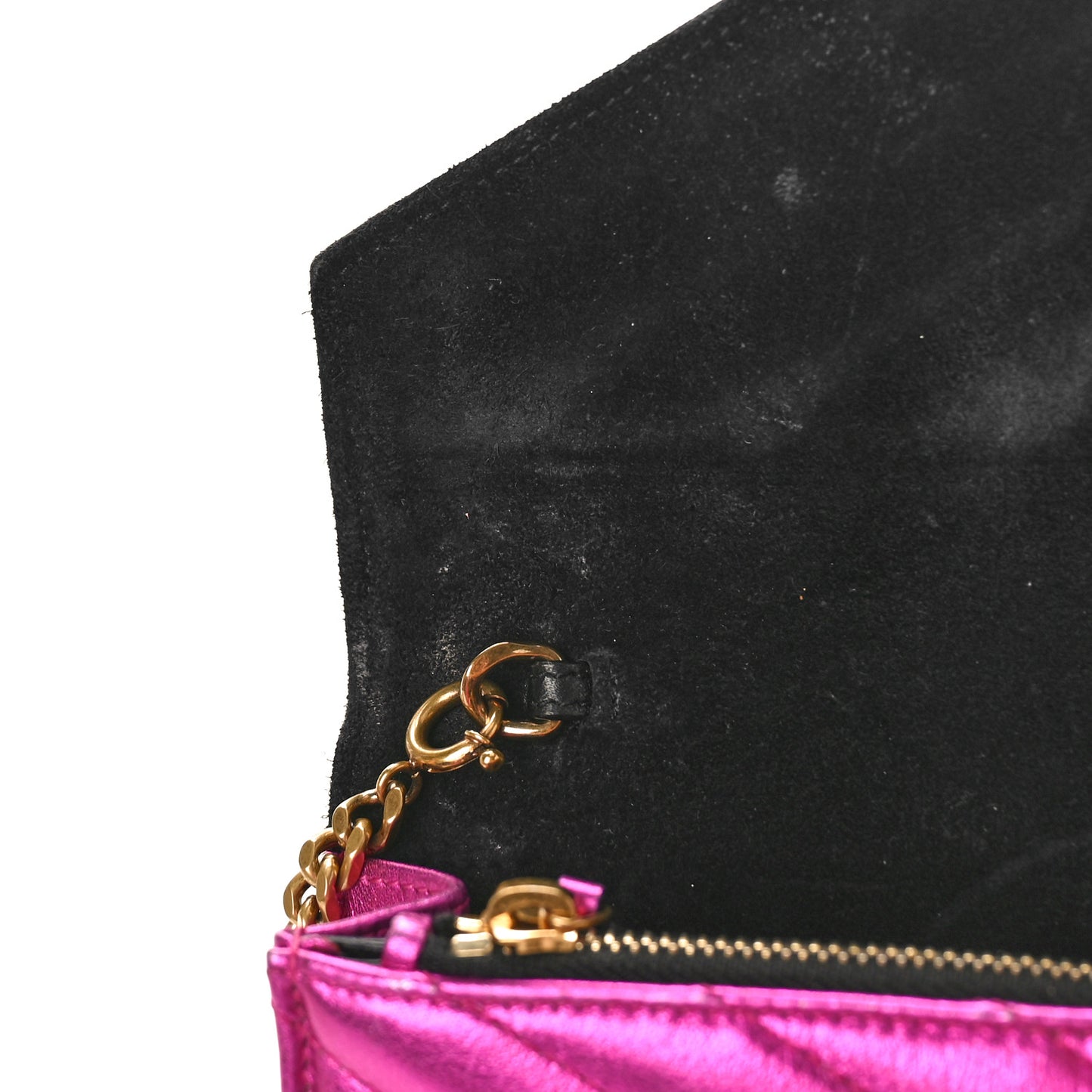 Metallic Calfskin Matelasse Chevron Monogram Envelope Chain Wallet Fuchsia