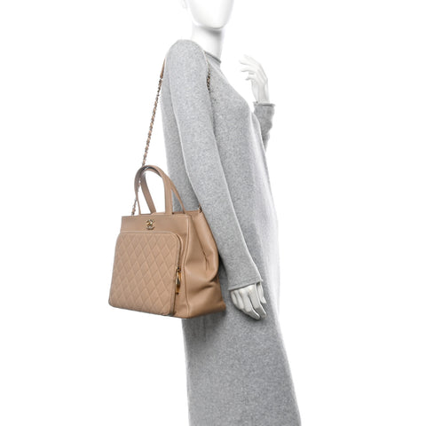 Caviar Quilted Large Business Affinity Shopping Bag Beige