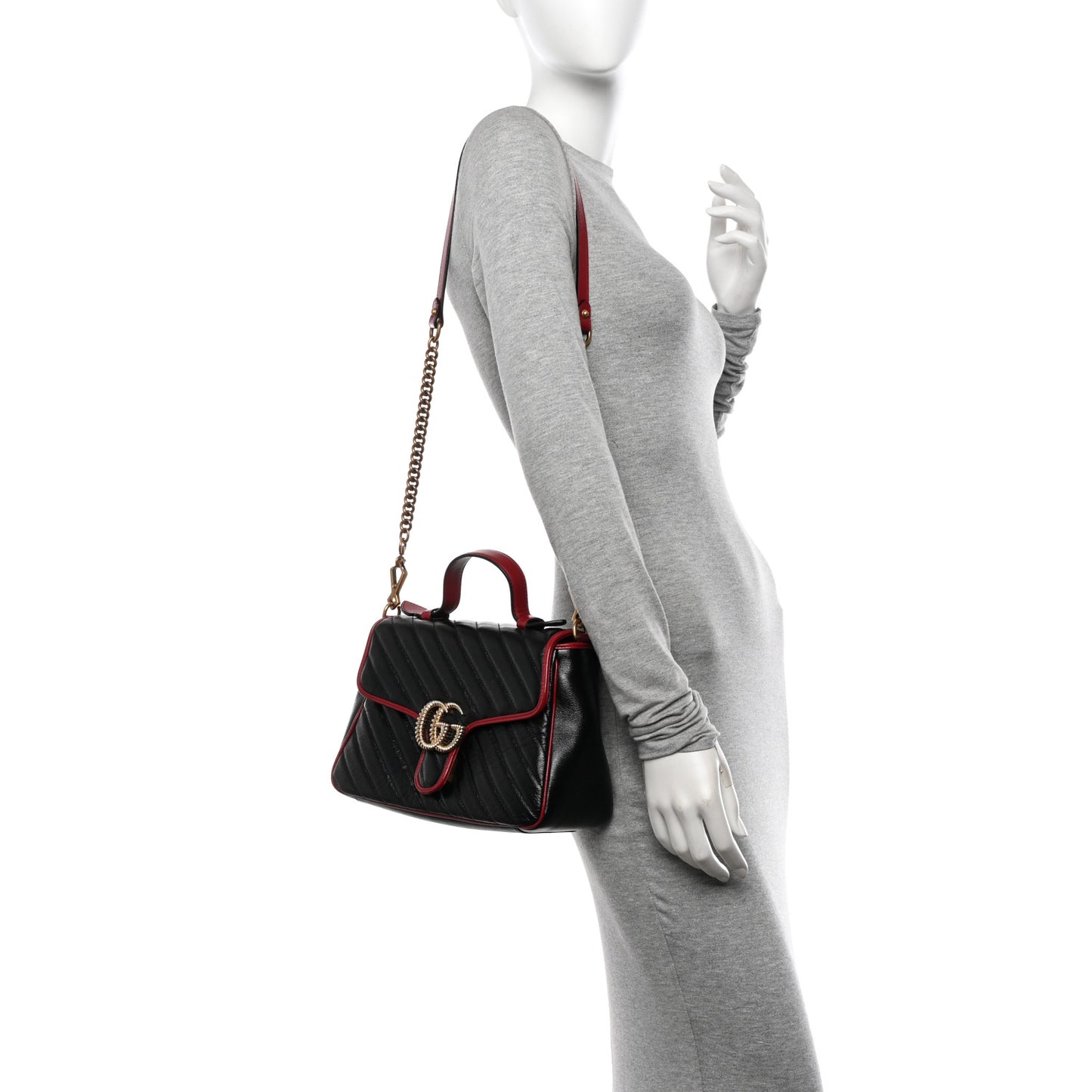 Vintage Effect Calfskin Matelasse Diagonal Small Torchon GG Marmont Top Handle Shoulder Bag Black Romantic Cherry