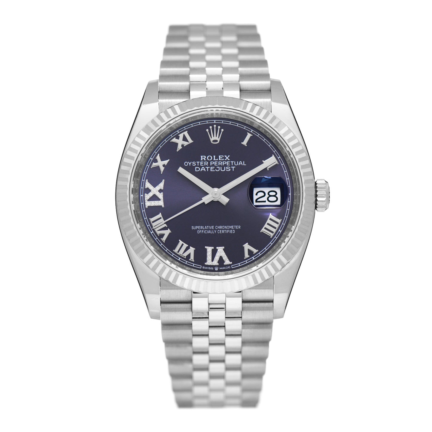 Stainless Steel 18K White Gold Diamond 36mm Oyster Perpetual Datejust Watch Aubergine Roman 126234
