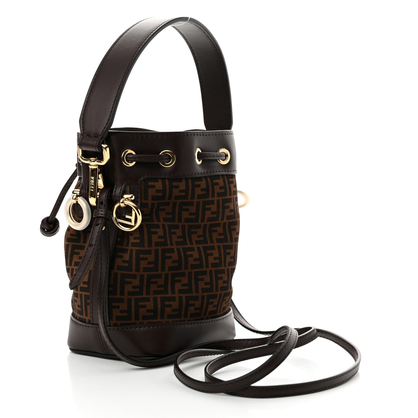 Suede Vitello King F is Fendi Micro FF Mini Mon Tresor Bucket Bag Sigaro Marrone Ebano