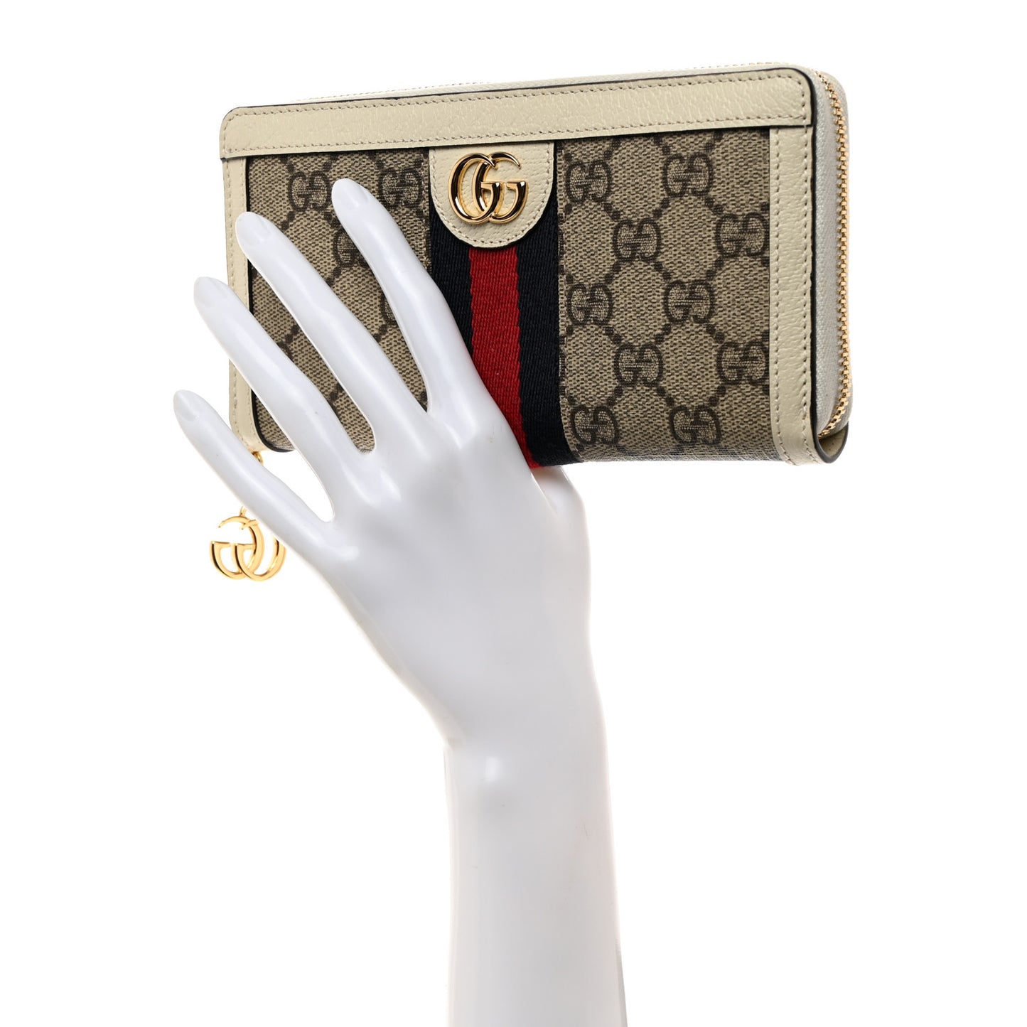 GG Supreme Monogram Textured Dollar Calfskin Web Ophidia Zip Around Wallet Beige Ebony Mystic White
