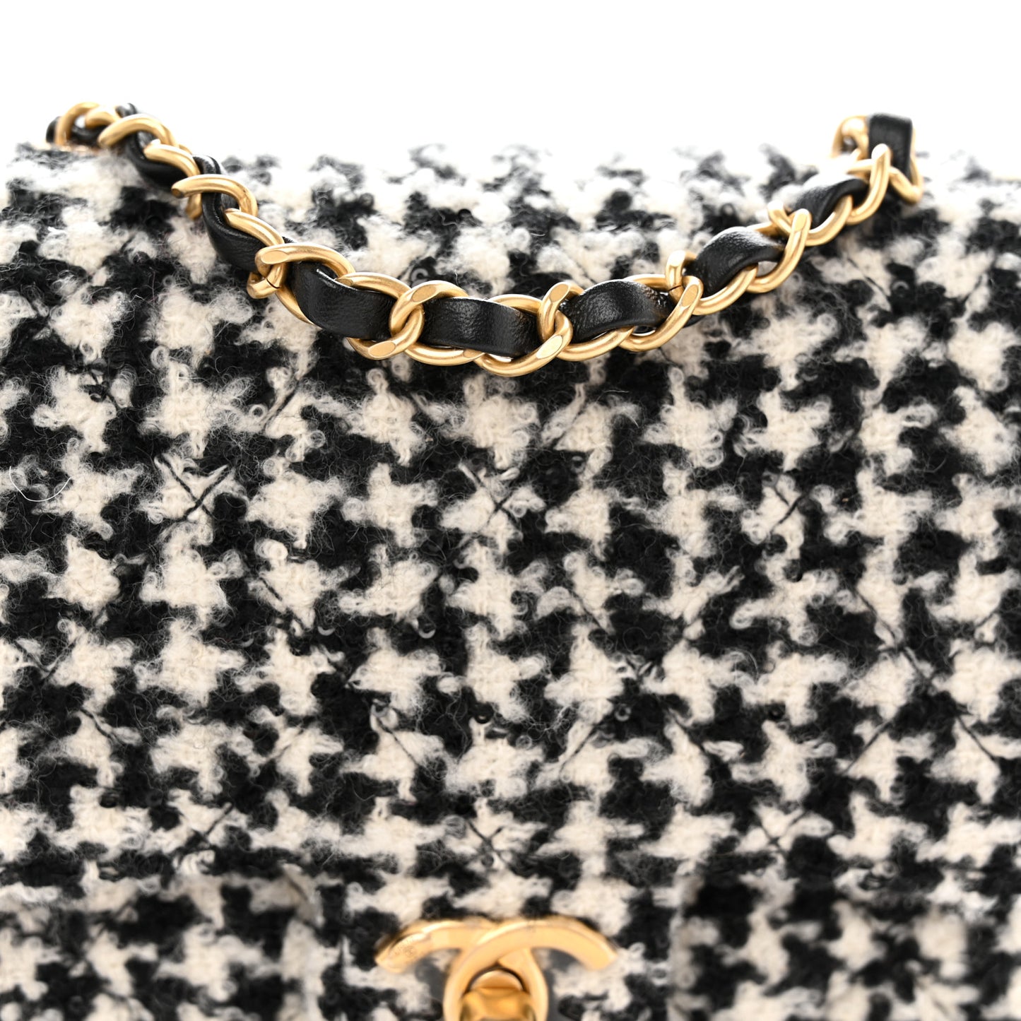 Tweed Houndstooth Quilted Mini Square Flap White Black