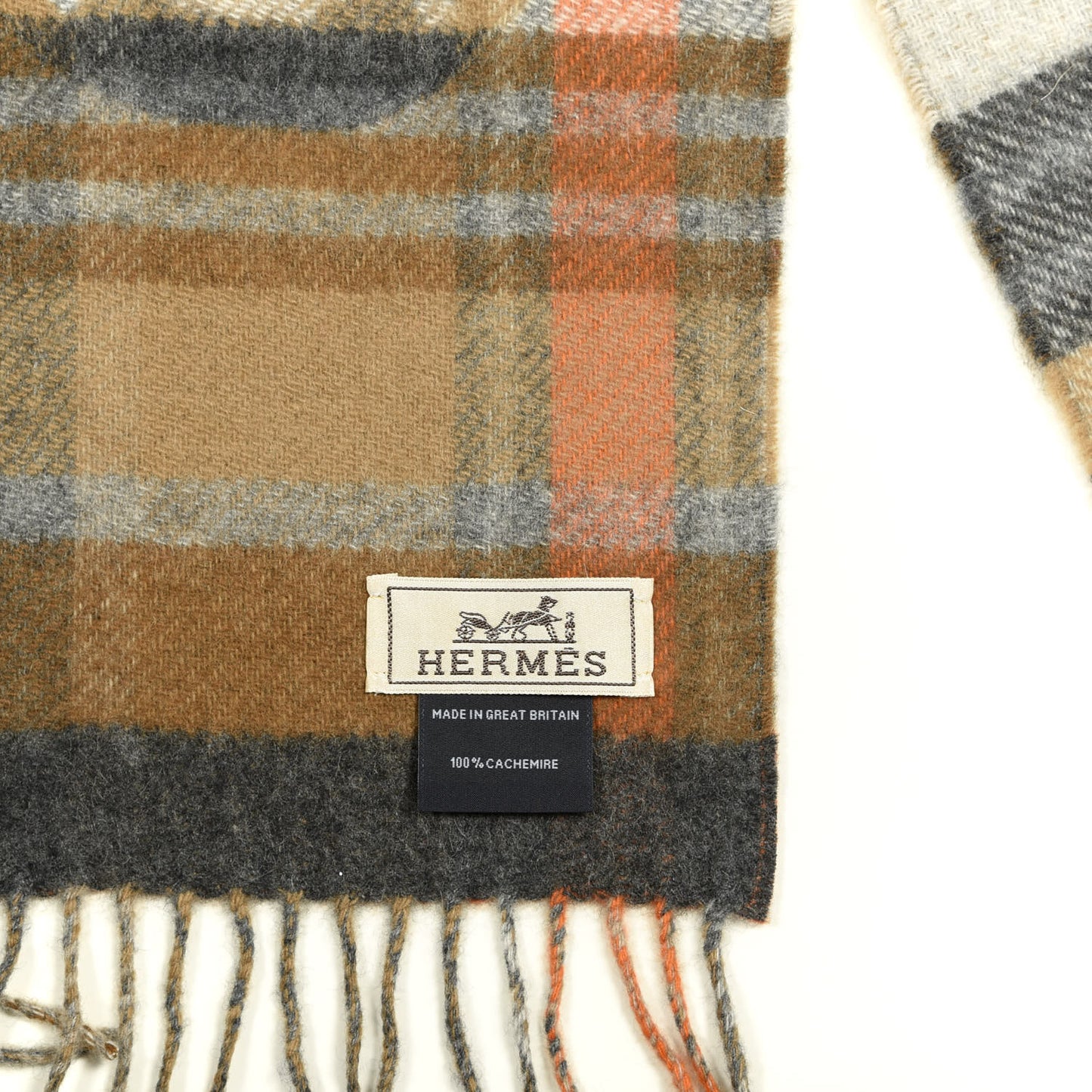 Cashmere HER-MES Tartan Muffler Camel Beige Orange Gris