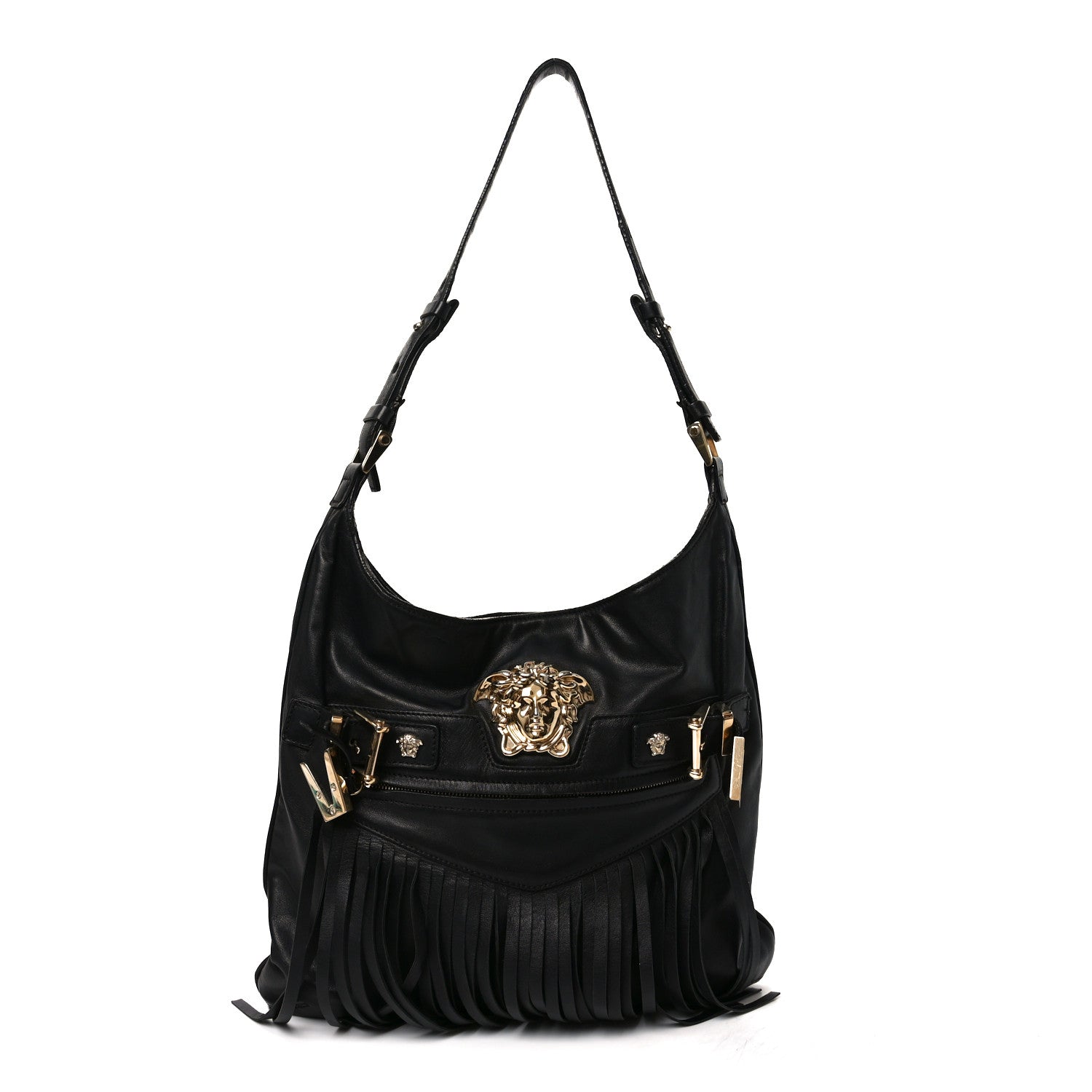 Versace Calfskin Palazzo Fringe Shoulder Bag Black 1865545
