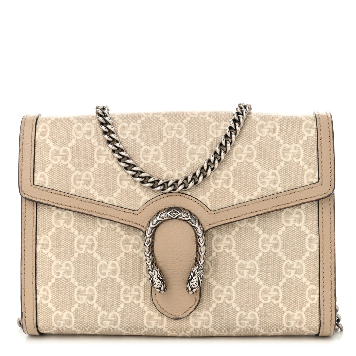 GG Supreme Monogram Textured Dollar Calfskin Mini Dionysus Chain Wallet Beige Mystic White Oatmeal
