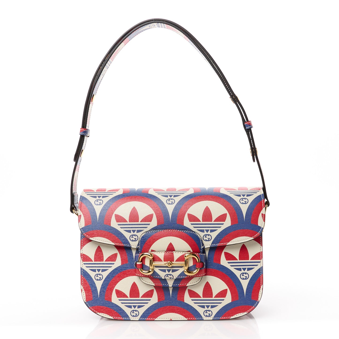 X ADIDAS Shangai Calfskin Web Trefoil Interlocking G Small Horsebit 1955 Shoulder Bag Red White Blue