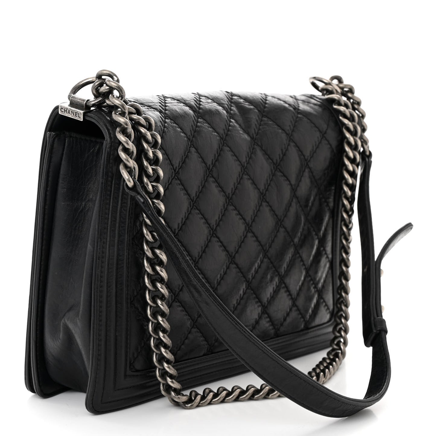 Calfskin Embossed Stitch Large Boy Flap Black