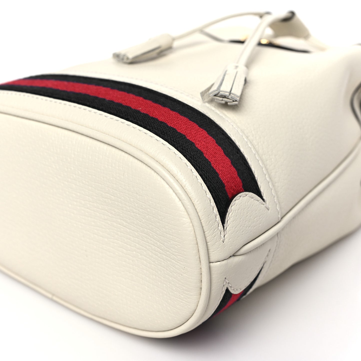 Glazed Textured Calfskin Web Small Ophidia Bucket Bag Mystic White