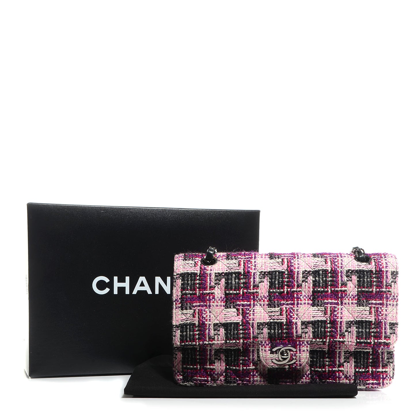 Tweed Medium Double Flap Pink Black