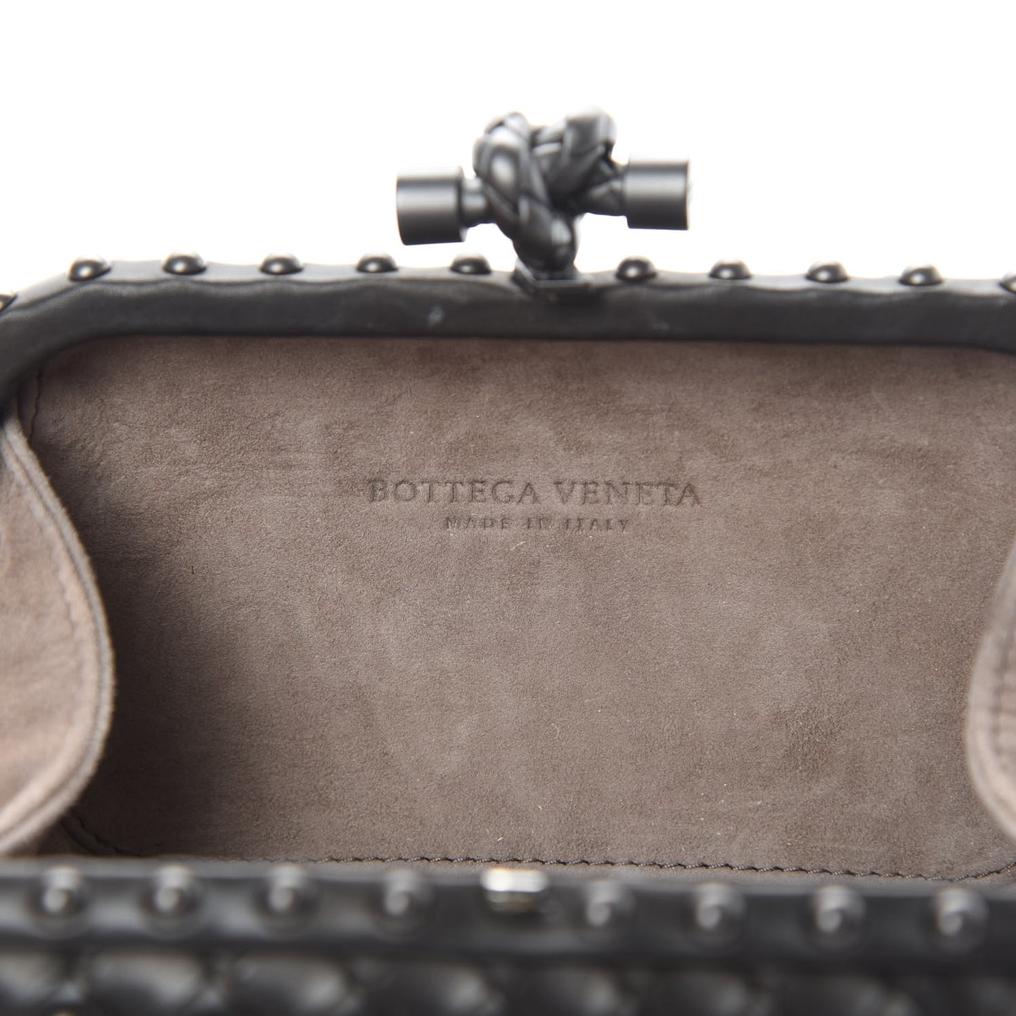 Waxy Nappa Intrecciato Knot Studded Clutch Black