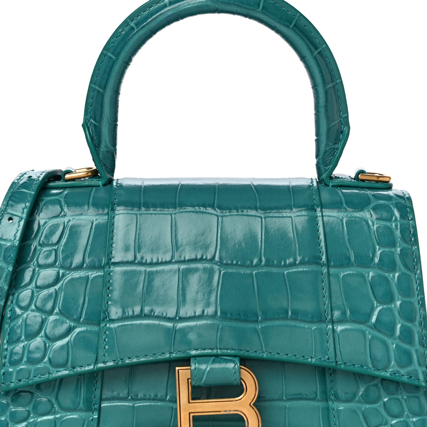 Shiny Calfskin Crocodile Embossed Hourglass Top Handle Bag XS Dark Turquoise