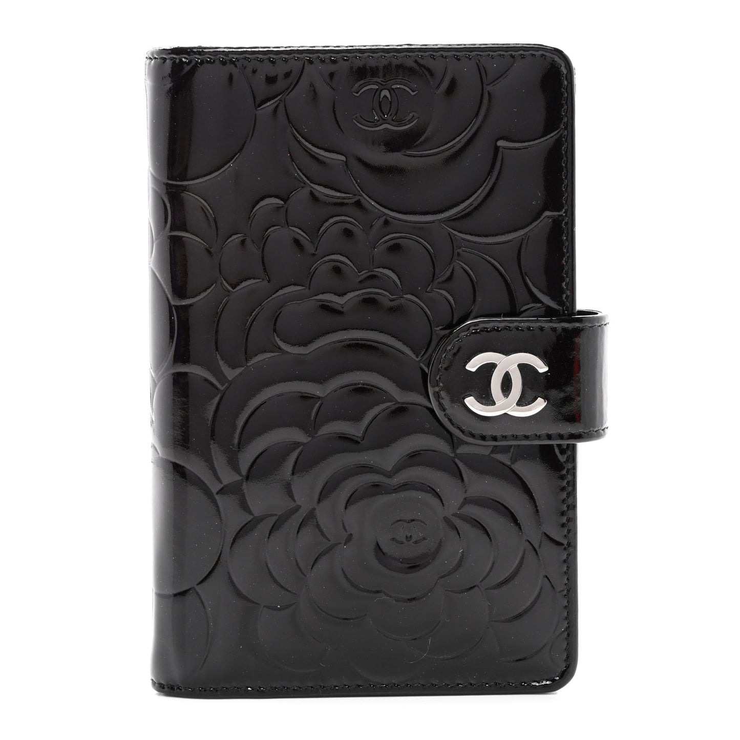 Patent Camellia Embossed Zipped Pocket Wallet Black
