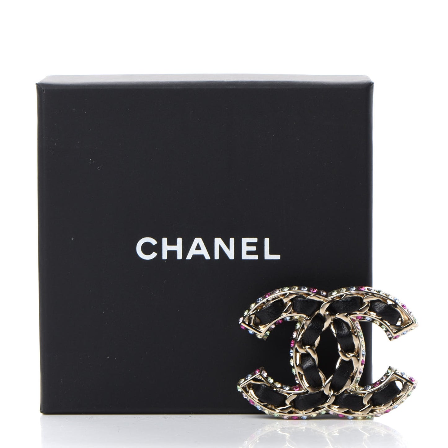 Lambskin Crystal CC Chain Brooch Black Gold Multicolor