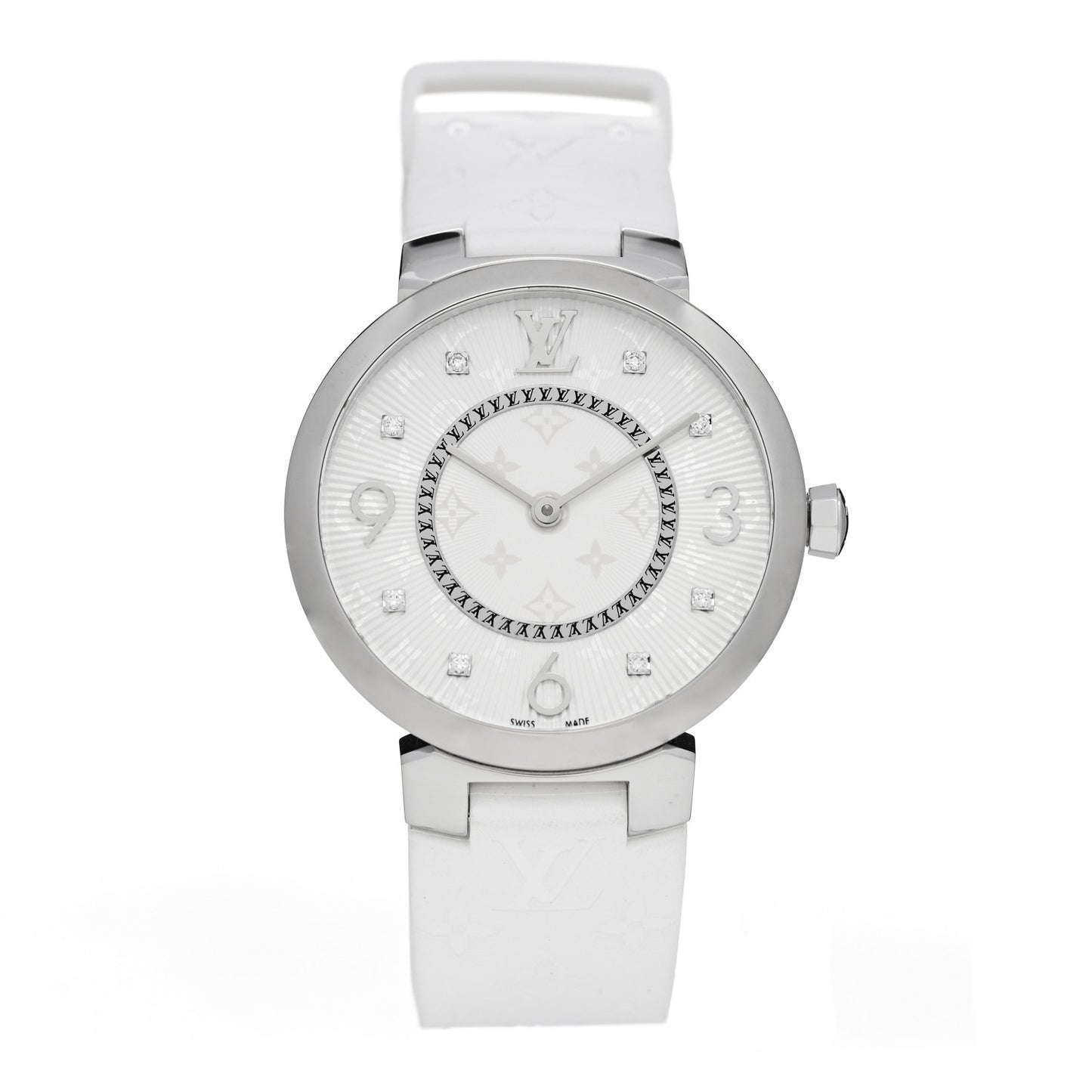 Stainless Steel Rubber Diamond 33mm Tambour Slim Quartz Watch White