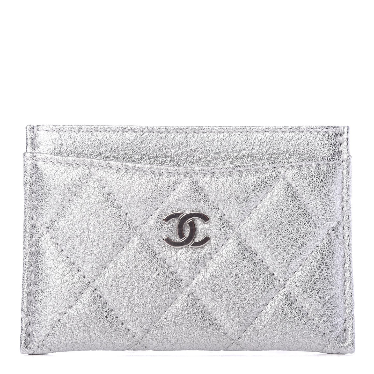Metallic Lambskin Quilted Card Holder Silver