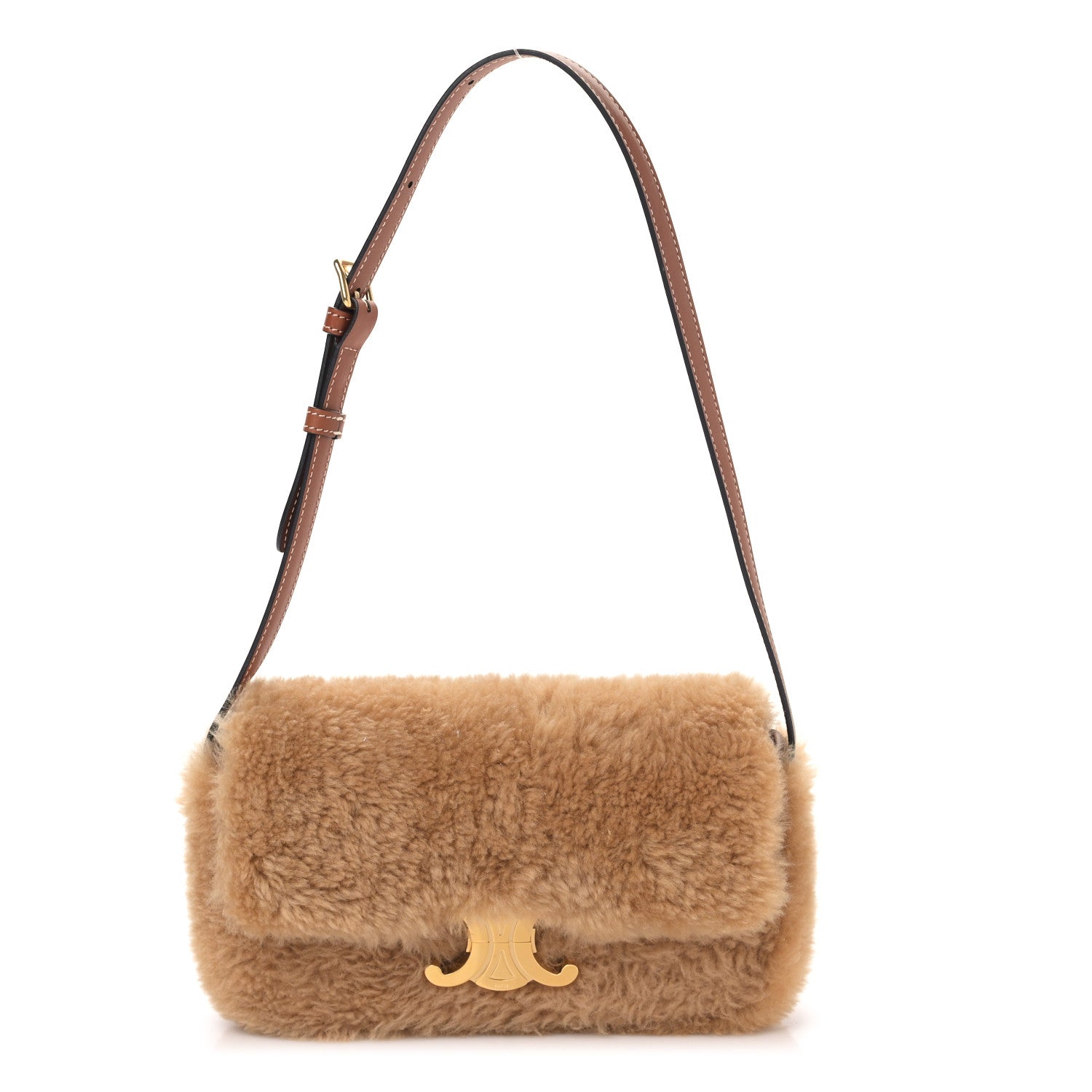 Celine Calfskin Triomphe Fluffy Shearling Bag Beige 1411041