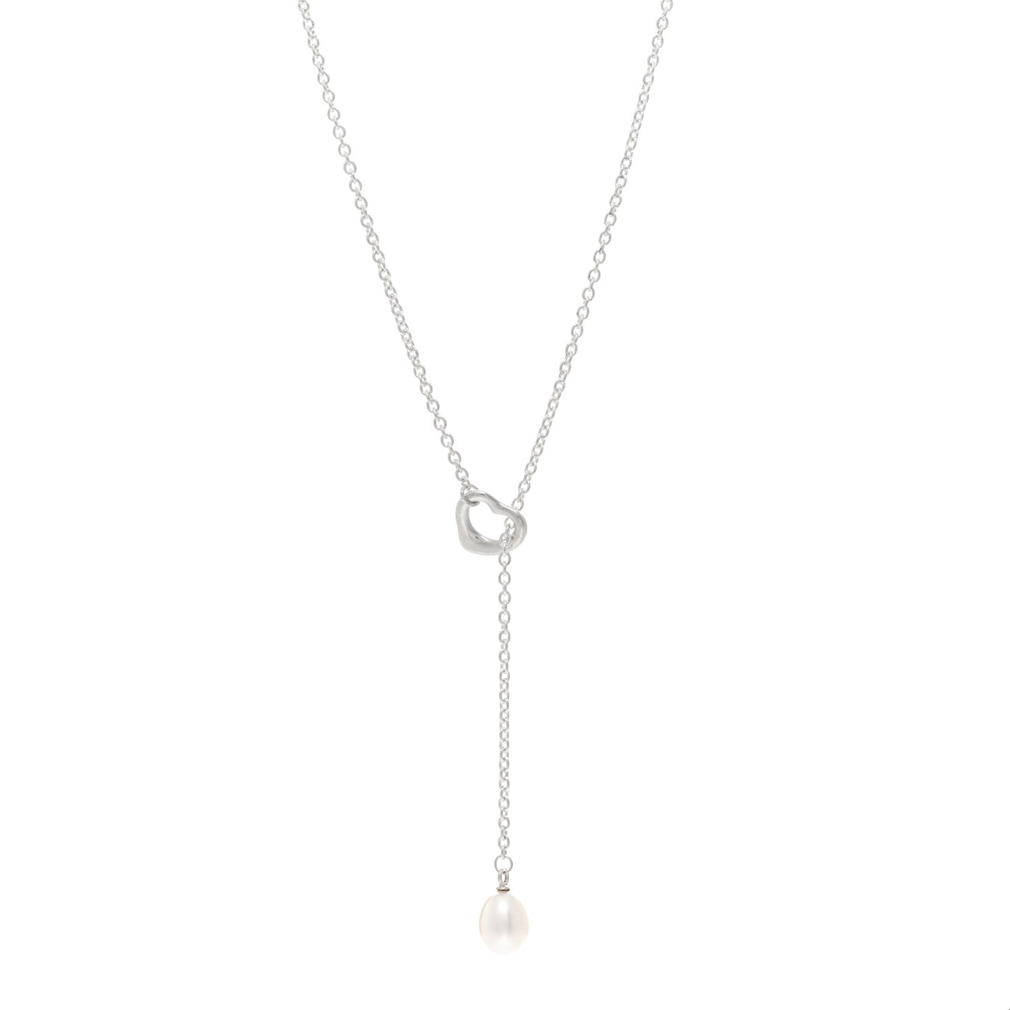 Sterling Silver Pearl 7.5-8mm Elsa Peretti Open Heart Lariat Necklace
