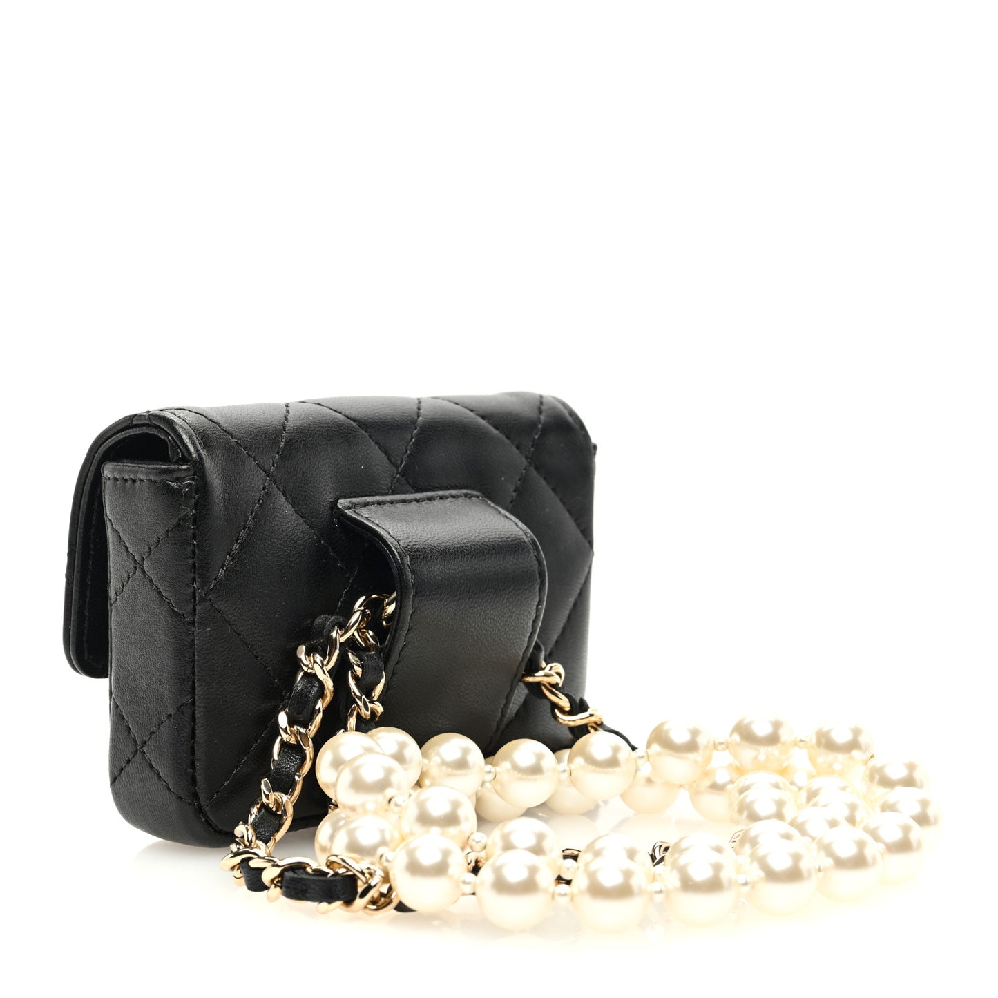 Lambskin Quilted Pearl Chain Belt Bag Black