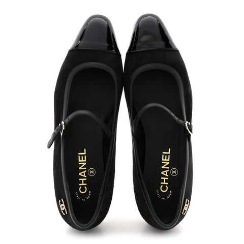 Suede Kidskin Lambskin Patent Calfskin Crystal CC Cap Toe Flats 40 Black