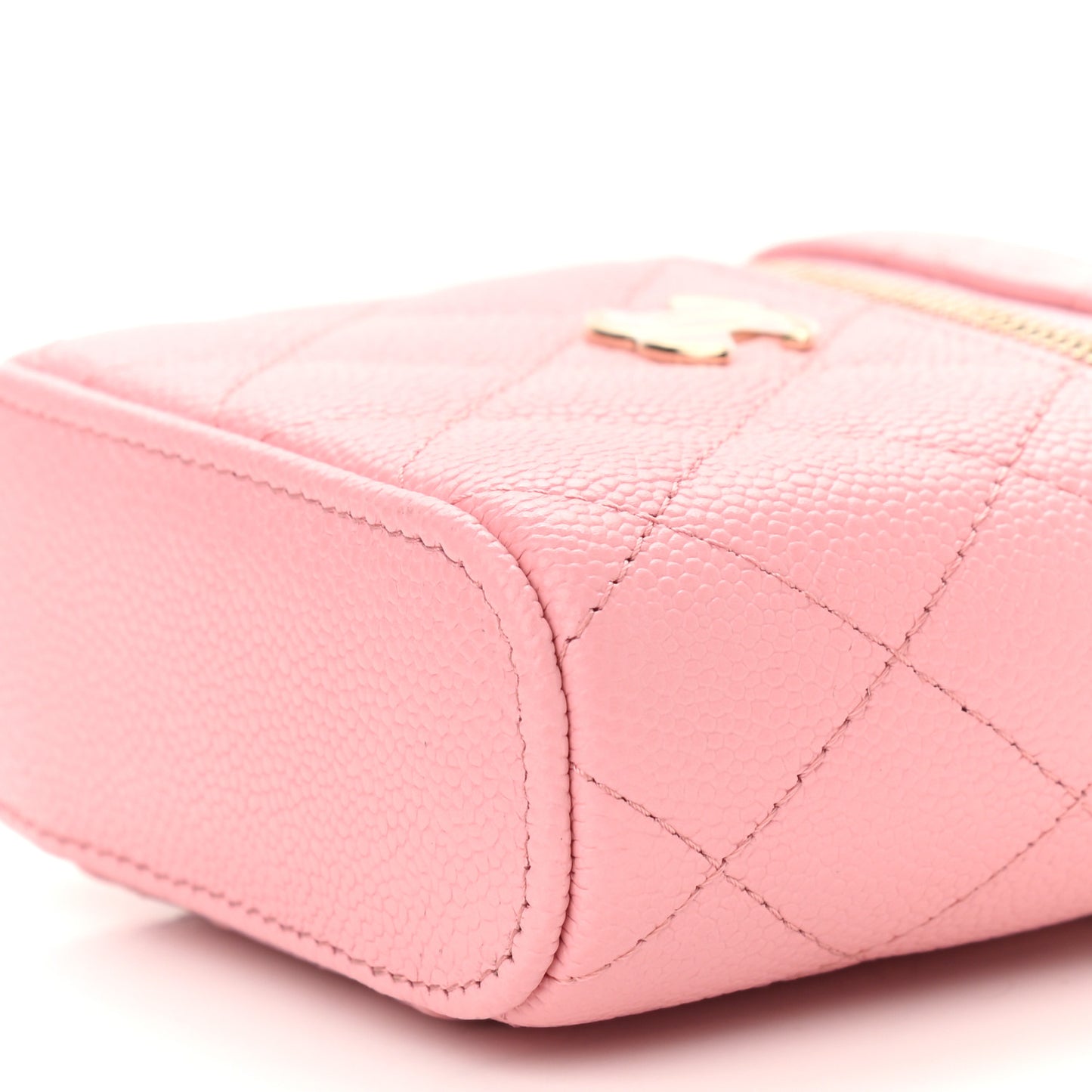 Caviar Quilted Small Handle With Care Vanity Case With Chain Pink