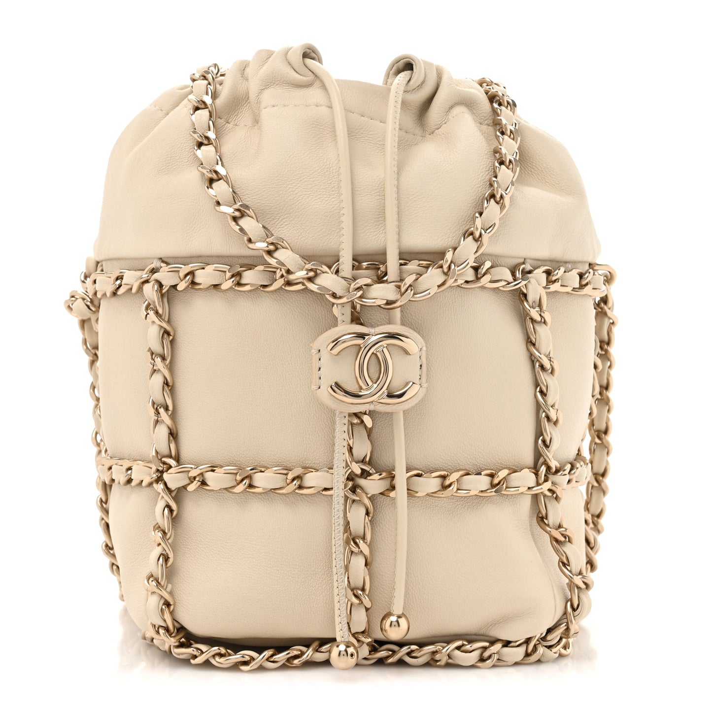 Lambskin Bucket Chain Drawstring Bag Beige